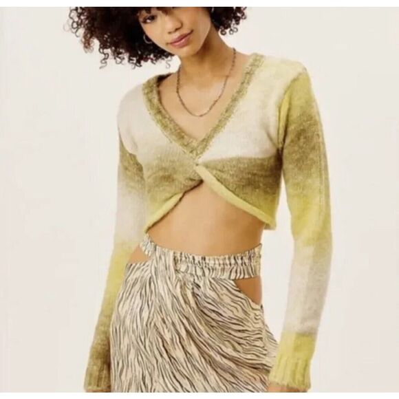For Love & Lemons Celeste Twist Front Crop Sweater Yellow Green Cozy NWT Size S - Picture 1 of 11